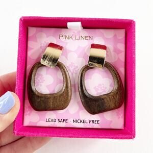 Pink Linen Gold Hoop Dangle Drop Earrings Wood Gold